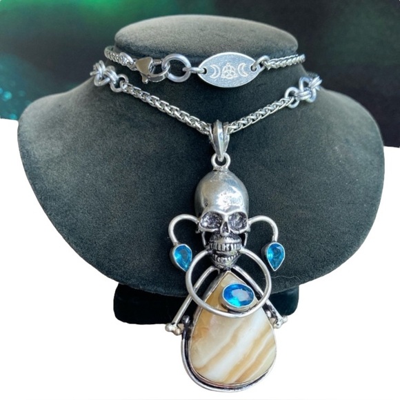 yellow white stripped agate & blue aquamarine stones skull boho goth necklace . - Picture 2 of 12